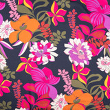 100% Polyester Satin: Retro Floral on Black - Per ½ Metre