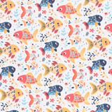 Cotton Poplin Print - Multi Fish on White - Per ½ Metre