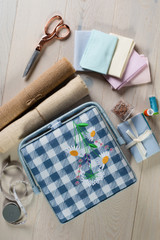 Medium Square Sewing Box - Embroidered Wild Floral Plaid