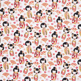 Cotton Poplin Print - Japanese Dolls on White - Per ½ Metre