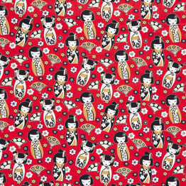 Cotton Poplin Print - Japanese Dolls on Red - Per ½ Metre