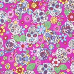 Cotton Poplin Print - Sugar Skulls on Cerise - Per ½ Metre