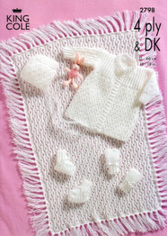 Matinee Coat, Bonnet, Bootees, Mitts & Pram Cover in King Cole DK & 4 Ply (2798)