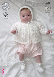 Matinee Coat, Cardigan, Bonnet, Bootees & Blanket in King Cole 4 Ply & DK (4688)