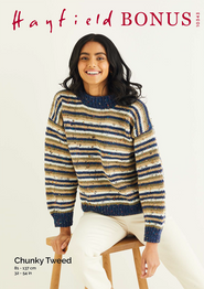 Striped Crew Neck Sweater in Hayfield Bonus Chunky Tweed (10343) - PDF