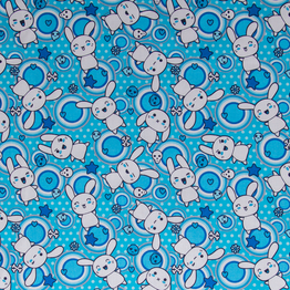 Cotton Poplin Print - Kawaii Bunnies on Blue - Per ½ Metre