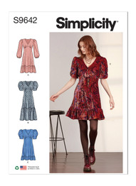 V-Neck Dress w/Puffed Sleeves in Simplicity Misses' (S9642)
