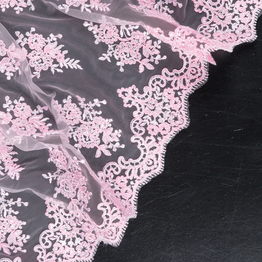 Premium Lace: Pink Motif Lace on Soft Pink Tulle - Per ¼ Metre