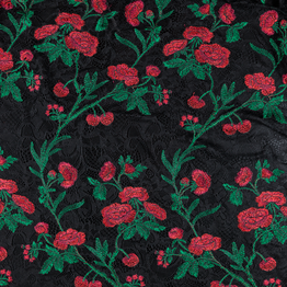 Embroidered Cherry Lace on Black - Per ½ Metre