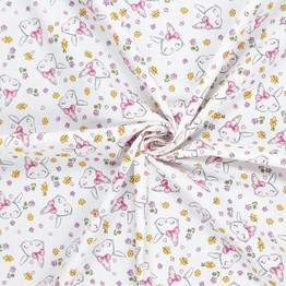 Cotton Poplin Print - Kawaii Rabbits on White - Per ½ Metre