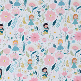 Cotton Poplin Print - Fairies & Flowers on White - Per ½ Metre