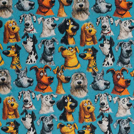 Cotton Poplin Print - Cartoon Dogs on Teal - Per ½ Metre