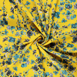 100% Cotton Lawn Watercolour Floral in Teal on Yellow - Per ½ Metre