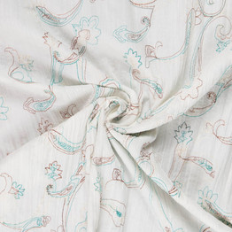 Crinkle Cotton in White w/Teal & Cocoa Folk Art Embroidery - Per ½ Metre