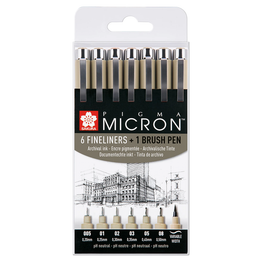 Sakura Pigma Micron Set (6pcs + 1 Pigma Brush) - Black