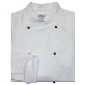 Raglan Chef Coat in White Midweight Cotton with Black Stud Buttons
