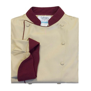 Traditional Chef Coat in Tan Poplin with Burgundy Accents, 1030030