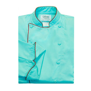 Traditional Chef Coat in Aegean Blue Poplin with Red Cording, 1030908
