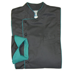 Milan Chef Coat in Charcoal Organic Cotton with Teal Accents, 1085-680-5153-5403-90007