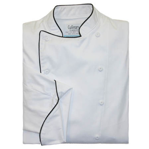 Traditional Chef Coat in White Egyptian Cotton With full black cording Traditional Chef Coat in White Egyptian Cotton With full black cording