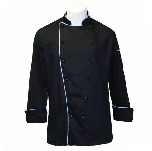 Traditional Chef Coat in Black with Cloud Blue Cording 1030522