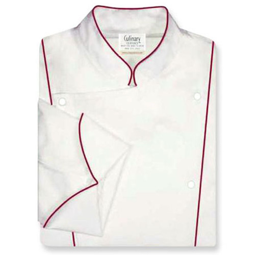 Corded Chef Coat in White Organic Cotton with Ruby Cording Corded Chef Coat in White Organic Cotton with Ruby Cording