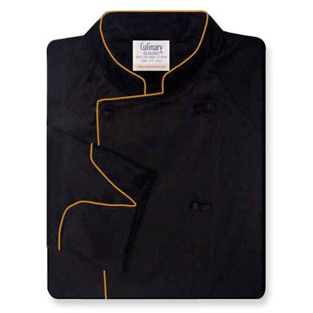 Raglan Chef Coat in Black Egyptian Cotton with Antique Cording
