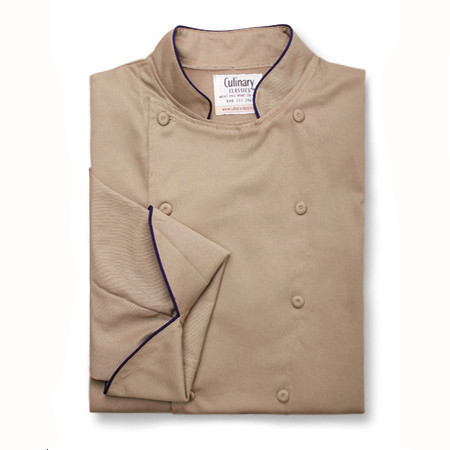 Traditional Chef Coat in Khaki Cotton Twill with Navy Cording