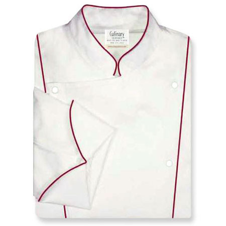 Corded Chef Coat in White Organic Cotton with Ruby Cording