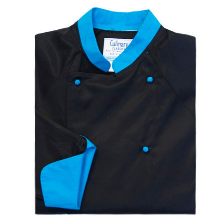 Raglan Chef Coat in Black Egyptian Cotton with Peacock Accents, 1070001