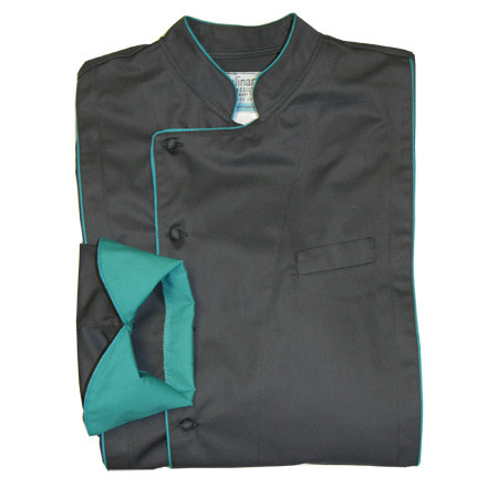 Milan Chef Coat in Charcoal Organic Cotton with Teal Accents, 1085-680-5153-5403-90007