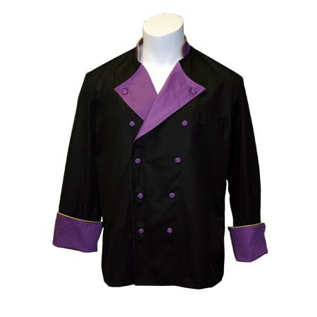 Lucca Chef Coat in Black 100% Egyptian Cotton with Violet and Gold Accents, 1120-844
