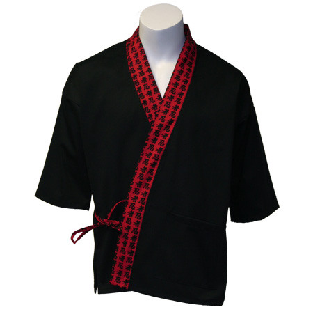 Sushi Chef Coat in Black Cotton Twill with Red Japanese Characters Trim, 1037/3179_242
