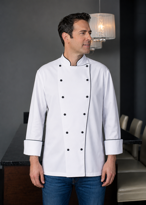 Traditional White soil-release Twill Fabric,  Black stud buttons and Black collar, front & cuff cording 1030004