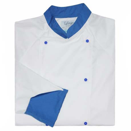 Raglan Chef Coat in White Fineline Twill with Royal Blue Accents