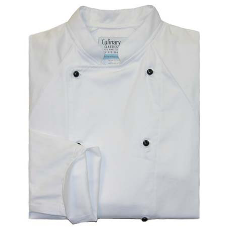 Raglan Chef Coat in White Midweight Cotton with Black Stud Buttons