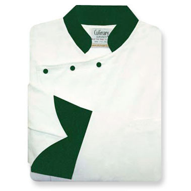 Bordeaux Chef Coat in White Organic Cotton with Kelly Green Accents