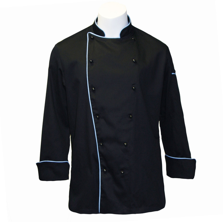 Traditional Chef Coat in Black with Cloud Blue Cording 1030522