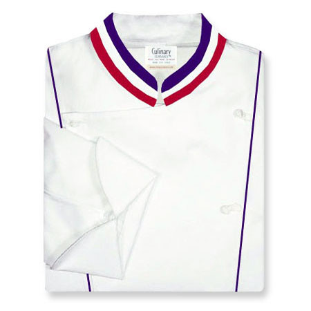 Corded Chef Coat in White Organic Cotton with Tri-Color Ribbon