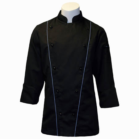 Corded Chef Coat in Black Fineline Twill with Palette Blue Cording, 1080515