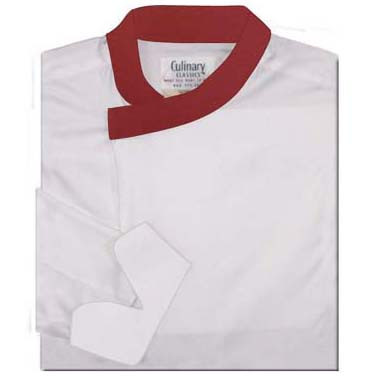 Tunic Chef Coat in White Poplin with Burgundy Collar, 1050508