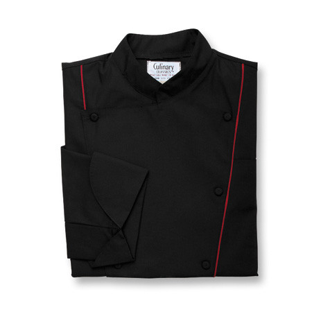 Corded Chef Coat in Black Poplin with Ruby Cording, 1080538