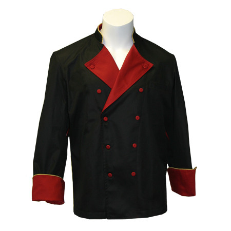 Lucca Chef Coat in Black Organic Cotton with Red & Gold Accents, 1120-684