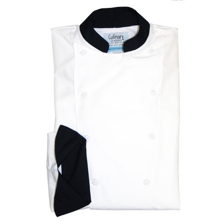 Traditional Chef Coat in White Poplin with Black Cuff and Collar Conversions, 1030-934-910
