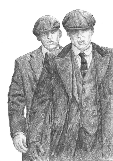 Double Trouble is signed, limited edition print of the original drawing by Scottish artist Alexander Millar and portrays the Shelby brothers  the BBC TV series Peaky Blinder.