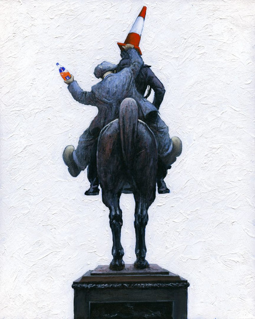 This signed limited edition of the Alexander Millar painting - Now Ye Know explains how the traffic cone magically appears on the Duke of Wellington statue outside Glasgow's Museum of Modern Art.