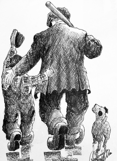 In this original pencil drawing - "And Pops Hits One Out Pencil Drawing" - Alexander Millar returns to the most important influence in his work, the father and son relationship.