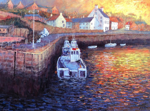 A New Day Dawns, Crail Harbour is a framed, signed, limited edition print on canvas of the original oil painting by Scottish artist Alexander Millar. A New Day Dawns, Crail Harbour is a framed, signed, limited edition print on canvas of the original oil painting by Scottish artist Alexander Millar.