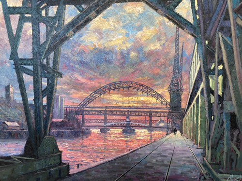 It Was A Big River is a signed, limited edition print of the original oil painting by Alexander Millar. This artwork hints at a sunset on the Tyne River in Newcastle. The substantial steel girders of the cranes in the foreground are from a bygone industrial era when the Tyne river carried goods and materials to all four corners of the world. The High Level Bridge that connects Newcastle and Gateshead is in the background and the clouds above again hint at the sunset. It Was A Big River is a signed, limited edition print of the original oil painting by Alexander Millar. This artwork hints at a sunset on the Tyne River in Newcastle. The substantial steel girders of the cranes in the foreground are from a bygone industrial era when the Tyne river carried goods and materials to all four corners of the world. The High Level Bridge that connects Newcastle and Gateshead is in the background and the clouds above again hint at the sunset.