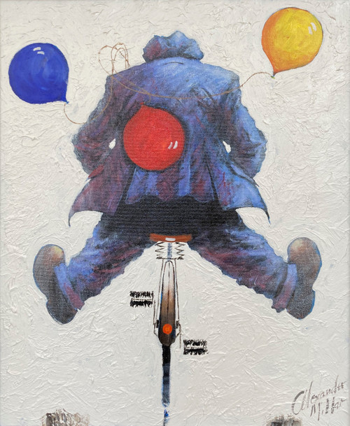 Happy Days are Here Again is an original oil painting by Alexander Millar. The image is of Alexander Millar's 'gadgie' character on a bike. The cyclist legs are sticking out, indicating that he is free wheeling down a hill - heading away from the viewer. Like most of Alexander Millar's paintings that feature the 'gadgie' character the background is non-specific being plain white, so we can only guess by the movement of the 'gadgie' that he is going downhill.. The cyclist is carrying three balloons- blue, yellow and red - that spread out behind him as he speeds down the hill. Happy Days are Here Again is an original oil painting by Alexander Millar. The image is of Alexander Millar's 'gadgie' character on a bike. The cyclist legs are sticking out, indicating that he is free wheeling down a hill - heading away from the viewer. Like most of Alexander Millar's paintings that feature the 'gadgie' character the background is non-specific being plain white, so we can only guess by the movement of the 'gadgie' that he is going downhill.. The cyclist is carrying three balloons- blue, yellow and red - that spread out behind him as he speeds down the hill.